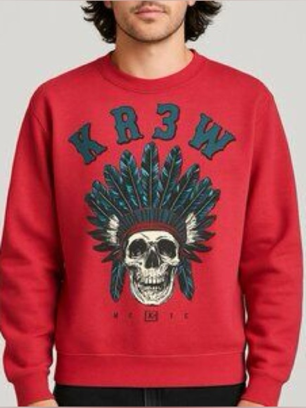 KR3W Skull Y2K Feather Sweatshirt Red Crewneck Streetwear Grunge Unisex Skater M